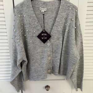 Ava & Viv Light Gray Pearl-Studded Cardigan